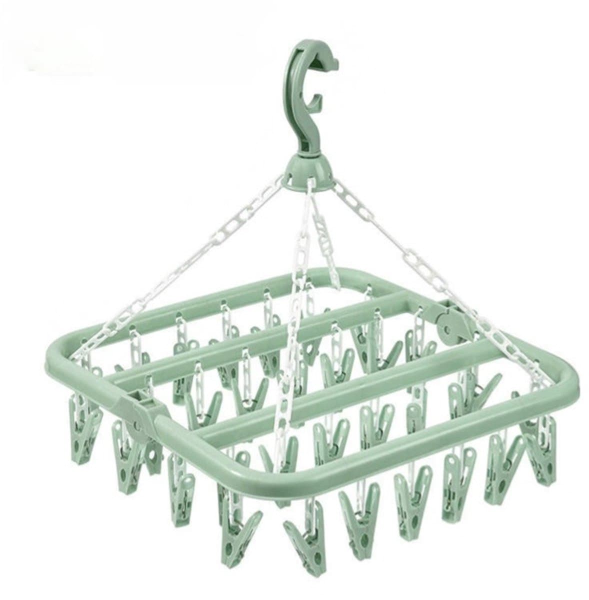 Opvouwbaar hangend kledingrek met 32 klemmen - kleerhangers - kleerhangers kunststof - Multifunctioneel windbestendig droogrek - Droogrek voor sokken en ondergoed - Huishoudelijk plastic kledingdroogrek - Hangend droogrek - groen — afbeelding 1