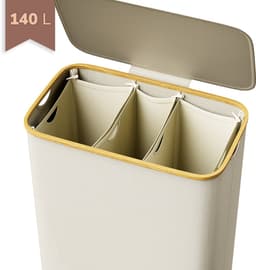 Wasmand 140 Liter met Deksel – 3 Vakken Was Sorteerder – Beige – Grote Wasmand voor Gezin – IN-HOMEXL Modena — thumbnail 2