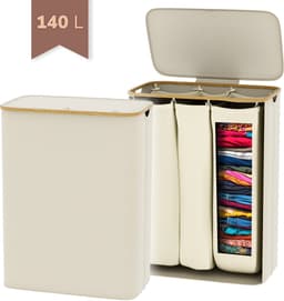 Wasmand 140 Liter met Deksel – 3 Vakken Was Sorteerder – Beige – Grote Wasmand voor Gezin – IN-HOMEXL Modena — thumbnail 1