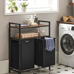 Wasmand, wasbak, wasverdelersysteem met 2 uittrekbare en afneembare zakken en dubbele opbergrek, elke zak met een capaciteit van 46 liter, geschikt voor badkamer of wasruimte, 73 x 33 x 91 cm, bruin en zwart — thumbnail 4