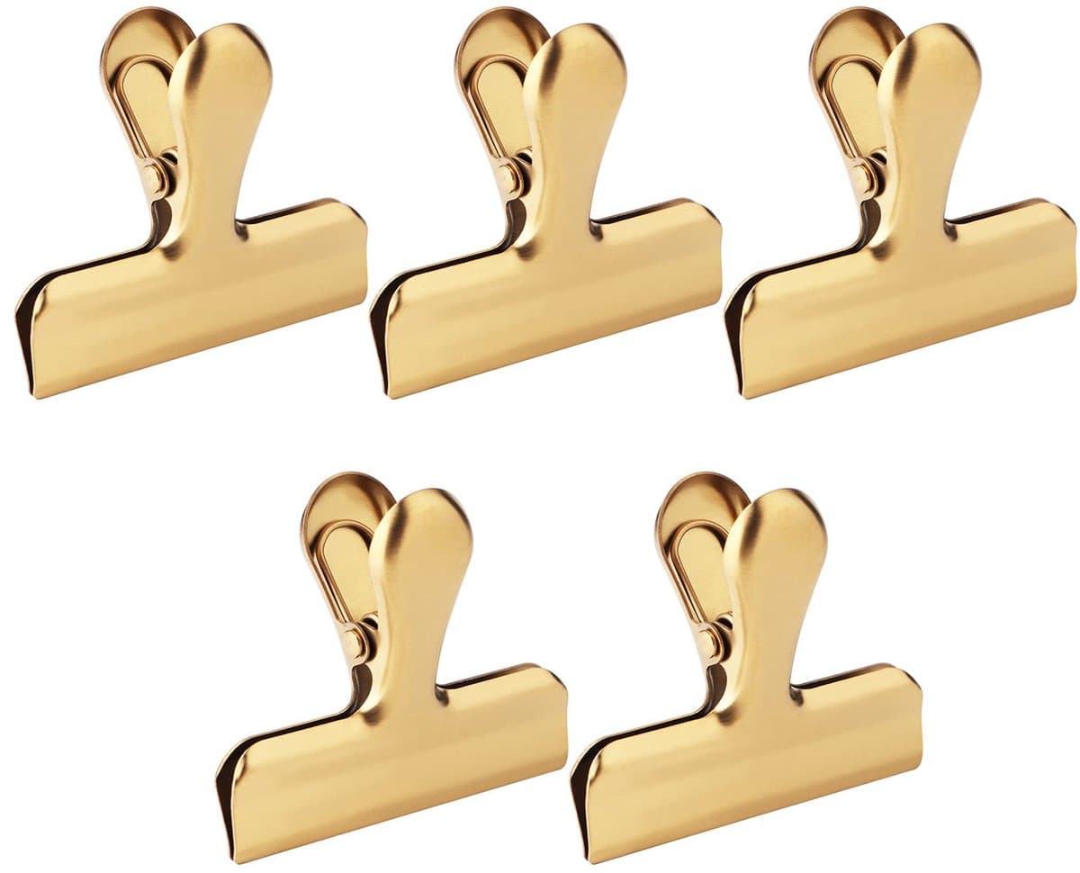 5-stuks Gouden metalen clip - Stevige clip voor voedselzakken - Sluitclip - Metalen scharnierclip - Map - Gouden clip voor aardappelchips - Geschikt voor het sluiten van voedselzakken in de keuken en het opbergen van documenten op kantoor - Goud — afbeelding 1