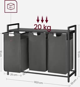 VASAGLE Wasmand 3 compartimenten, wasverzamelaar met plank, wasbox, Oxford-stof verwijderbaar metalen frame, 3 x 38 L, 92,5 x 33 x 72 cm, zwart-grijs BLH301G01 — thumbnail 2