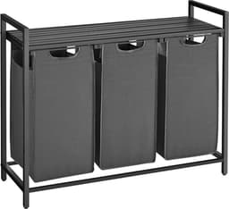 VASAGLE Wasmand 3 compartimenten, wasverzamelaar met plank, wasbox, Oxford-stof verwijderbaar metalen frame, 3 x 38 L, 92,5 x 33 x 72 cm, zwart-grijs BLH301G01 — thumbnail 1