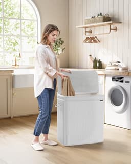 SONGMICS Wasmand met deksel, wasmand van bamboe, afneembare en machinewasbare waszak met handgrepen, 150 liter, voor wasruimte, slaapkamer, woonkamer, wolkenwit LCB062W01 — thumbnail 1