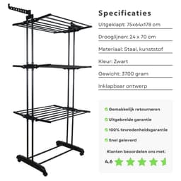 Inklapbaar Wasrek - Droogtoren - Kleding Droogrek - Staal en Kunststof - 75x64x178 cm - Met Wieltjes - Zwart - Inclusief EBOOK — thumbnail 2