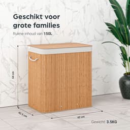 Organess wasmand 3 vakken - Wassorteerder - Wasmand met deksel - Opvouwbaar - 150L - Bamboe — thumbnail 5