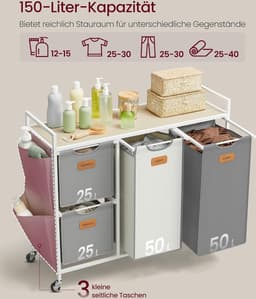 FurnStar Wasmand 4 Vakken – Wasverzamelaar 150L – Wassorteerder met Rollen en Plank – Waszakken met Kleine Zijzakken – 6 Etiketten – 98,6 x 33 x 80,5 cm – Natuurbeige - Duifgrijs-CrèmewitNatuurbeige - Duifgrijs-Crèmewit — thumbnail 4