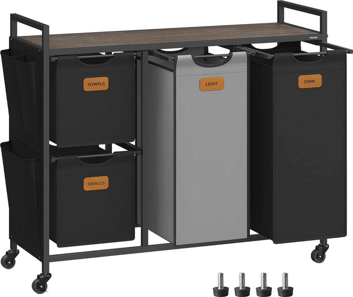 FurnStar - Wasmand 4 vakken - Wasverzamelaar 150 l - Wassorteerder - Waswagen met plank - Waszak - Kleine zijzakken - 6 etiketten - 98.6 x 33 x 80.5 cm - Kastanjebruin-Inktzwart-Duifgrijs — afbeelding 1
