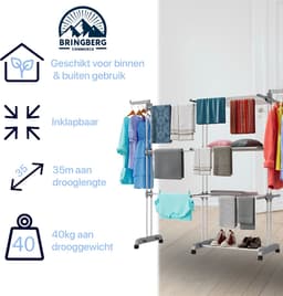 Inklapbaar Droogtoren – uitschuifbaar Wasrek – verplaatsbaar – 4 Verdiepingen – Wastoren Staand – Droogrek op Wielen - Grijs - Gratis kledinghangers — thumbnail 2