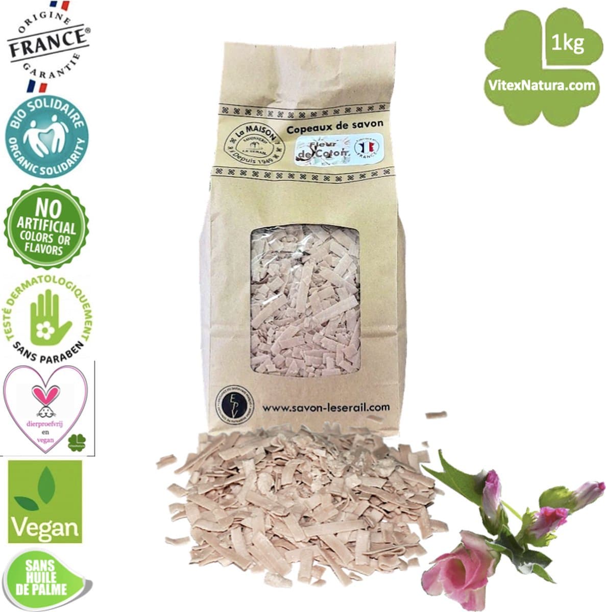 Marseille zeepvlokken katoenbloesem | 1 kg | Zuinig Ecologisch Milieuvriendelijk Hypoallergeen | Zonder conserveermiddel Zonder kleur | Le Serail — afbeelding 1