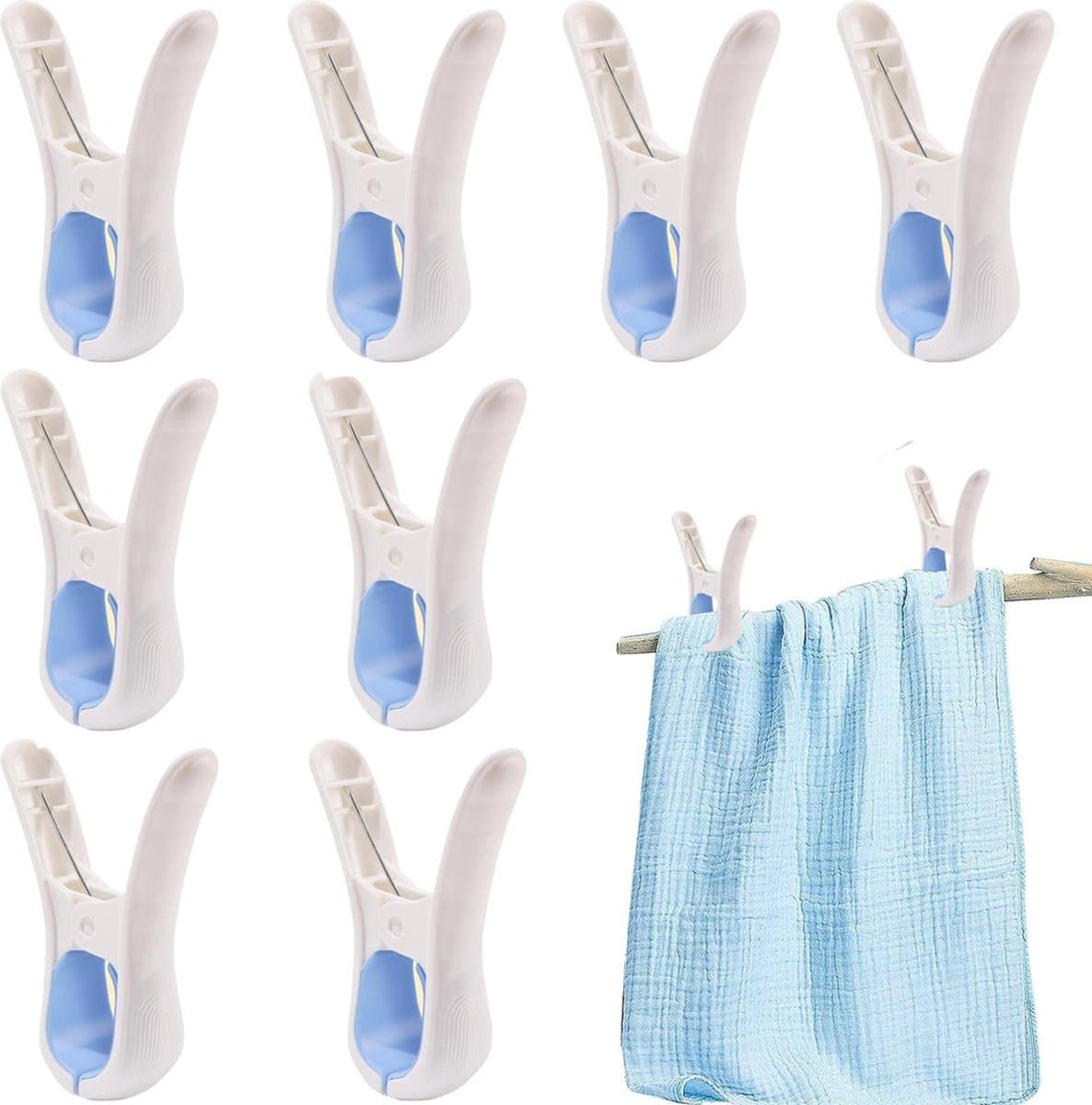 Wasknijpers - 8 Stuks - Wasrek Knijpers - Wasknijpers Plastic - Wasknijpers Kunststof - Handdoekknijpers Groot - Knijpers Plastic - Strandlaken Knijpers - Grote Handdoek Klemmen - Badlaken Clips - Binnen En Buiten - Duurzaam - Opening 4 Cm - Blauw — afbeelding 1