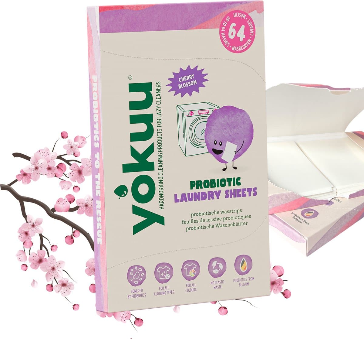 YOKUU Probiotische Wasstrips - 128 Wasbeurten - Kersenbloesem Geur - Ecologisch Wasmiddel - Reis Wasmiddel - Ultra Geconcentreerd en Voorgedoseerd - Ecologisch Wasproduct — afbeelding 1