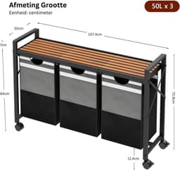 ApexArte® Wasmand 3 Vakken - Wassorteerder - 150L - Zwart met Grijs — thumbnail 2