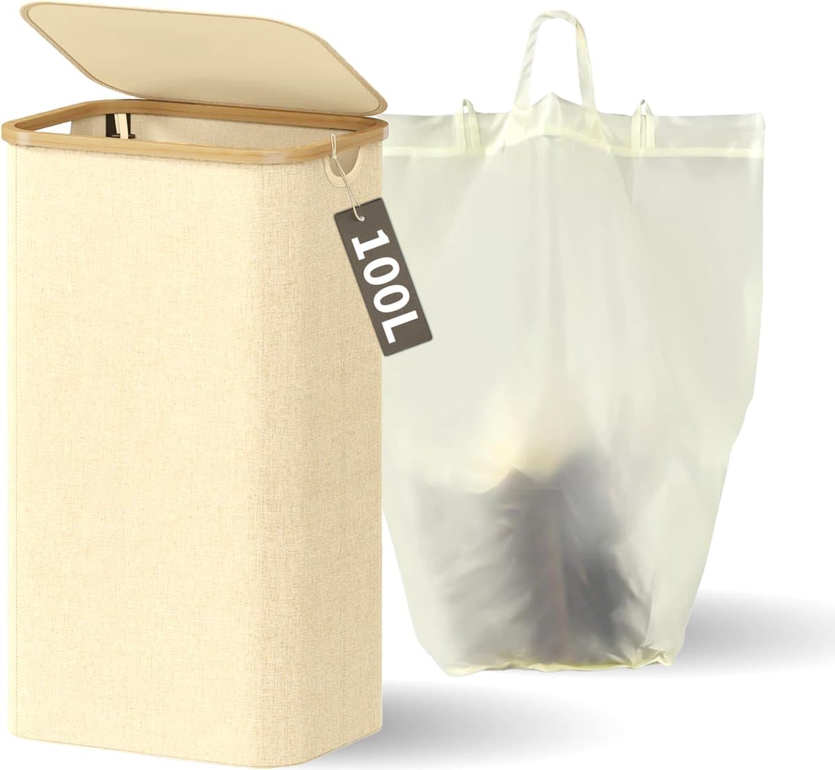 Wasmand met Deksel en Waszak - 100L - Groot Formaat - Wasmand - Opvouwbaar - Opbergmand - Linnen - Beige — afbeelding 1