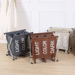 Wassorteerder - 90L - Wasmand 3 Vakken - Opvouwbare Wasmanden - Organizer - Wassorteerder 3 vaks - Alu Frame - Beige — thumbnail 3