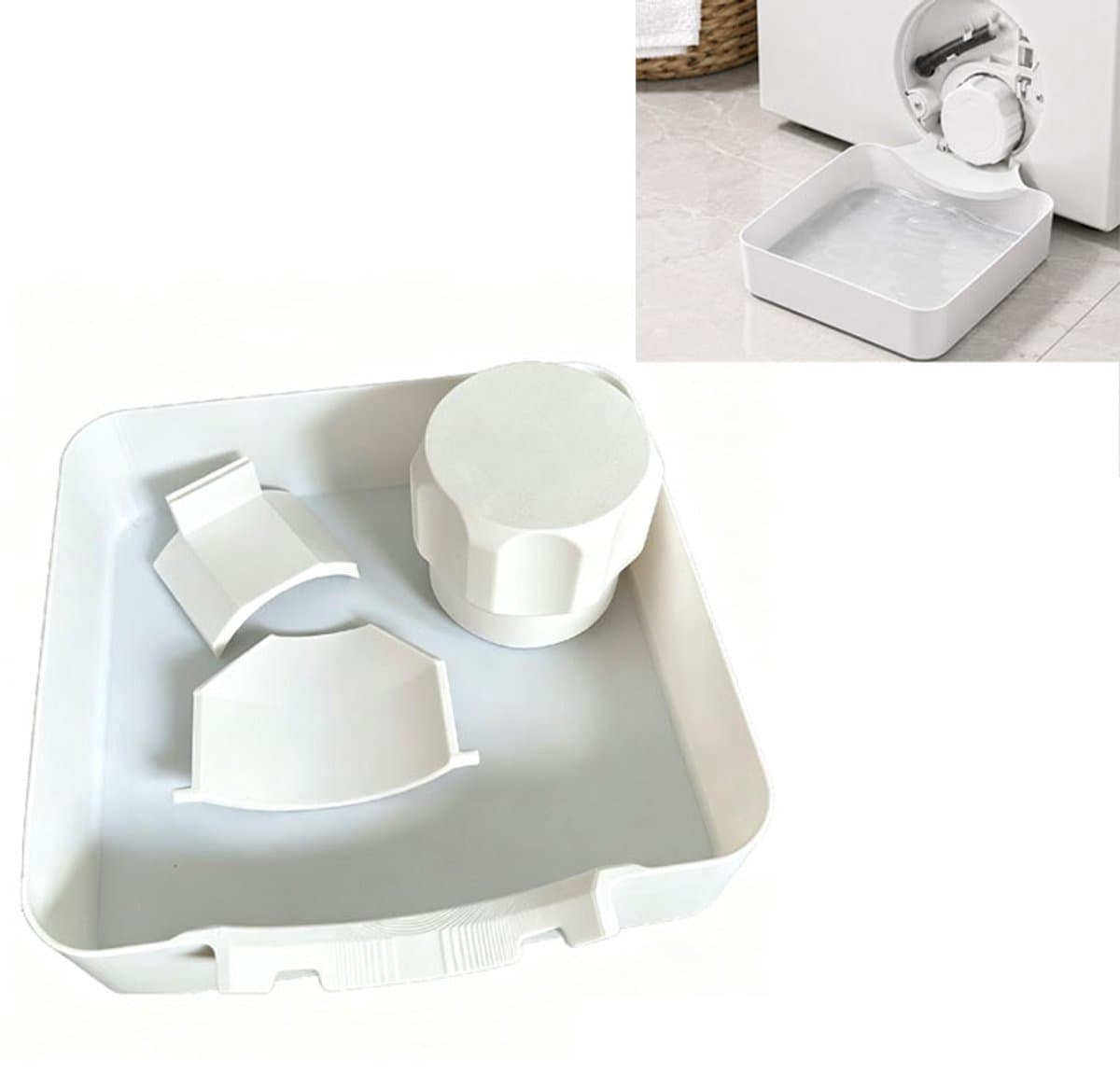 Wasmachine lekbak - Lekvrije lekbak - Lekbak met gebogen rand - afvoerbak - Onderhoudsaccessoires voor wasmachines - Inclusief lekbak, moer en deflector - 17,5 x 17,5 x 4 cm - Geschikt voor kelders, woningen en campers - Wit — afbeelding 1
