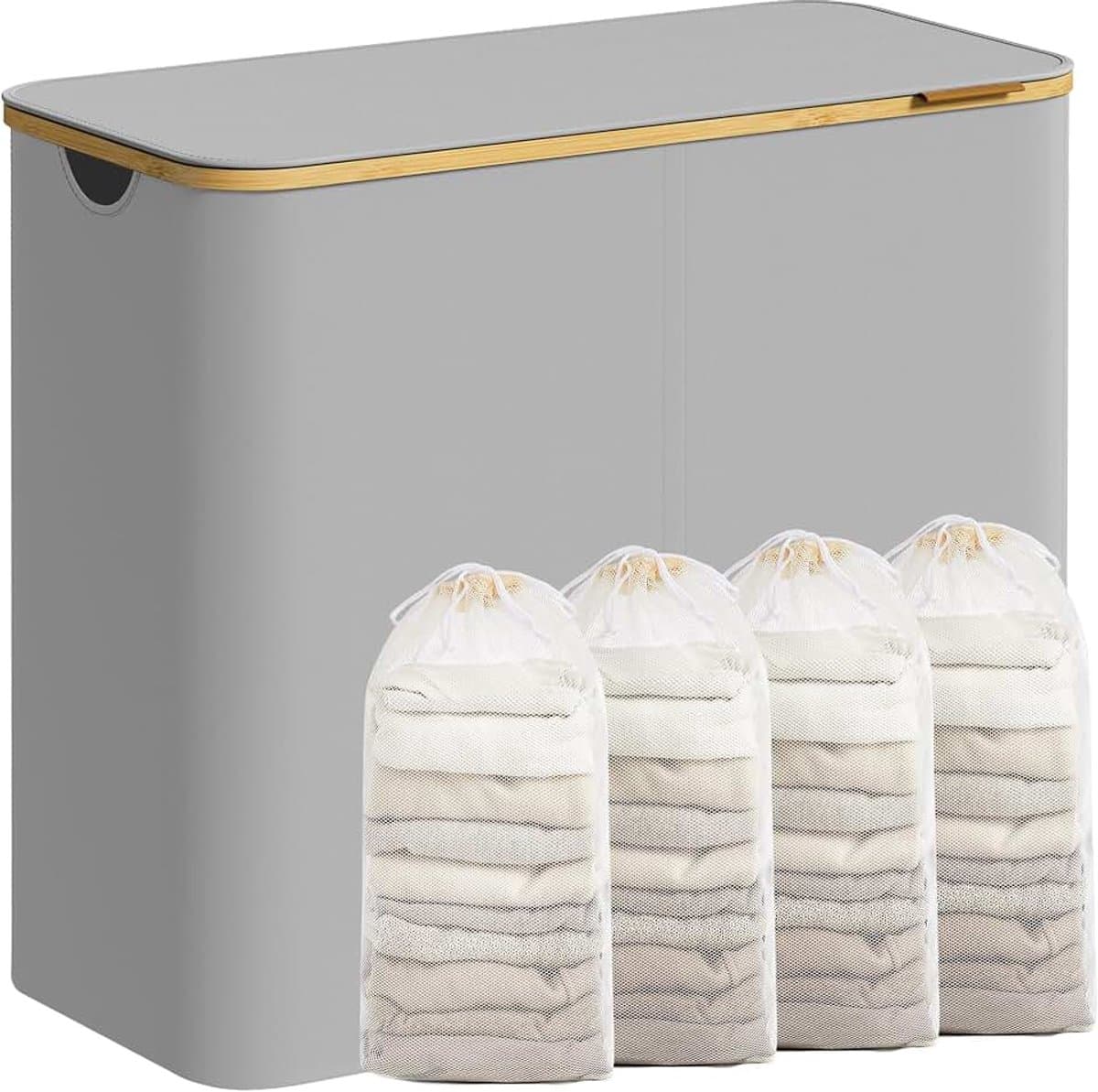 Wasmand met deksel, 4-vaks grote wasmand, 200 l, uitneembare mesh-voering, Oxford-stof, bamboe handgrepen, inklapbaar, 78 x 38,5 x 70,5 cm, duifgrijs LCB514GD01 — afbeelding 1
