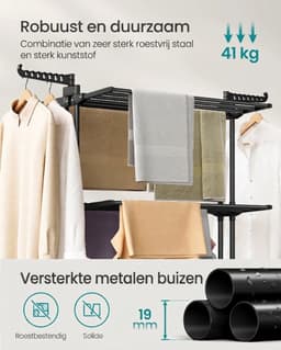 Stervia Wasrek Op Wieltjes - Droogrek - 4 niveaus - Draagvermogen 41 Kg - Draaibare Haken - Opvouwbaar - Zwart - 63,5 x 125,5 x 173 cm — thumbnail 3