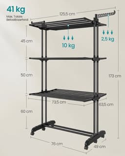 Stervia Wasrek Op Wieltjes - Droogrek - 4 niveaus - Draagvermogen 41 Kg - Draaibare Haken - Opvouwbaar - Zwart - 63,5 x 125,5 x 173 cm — thumbnail 2