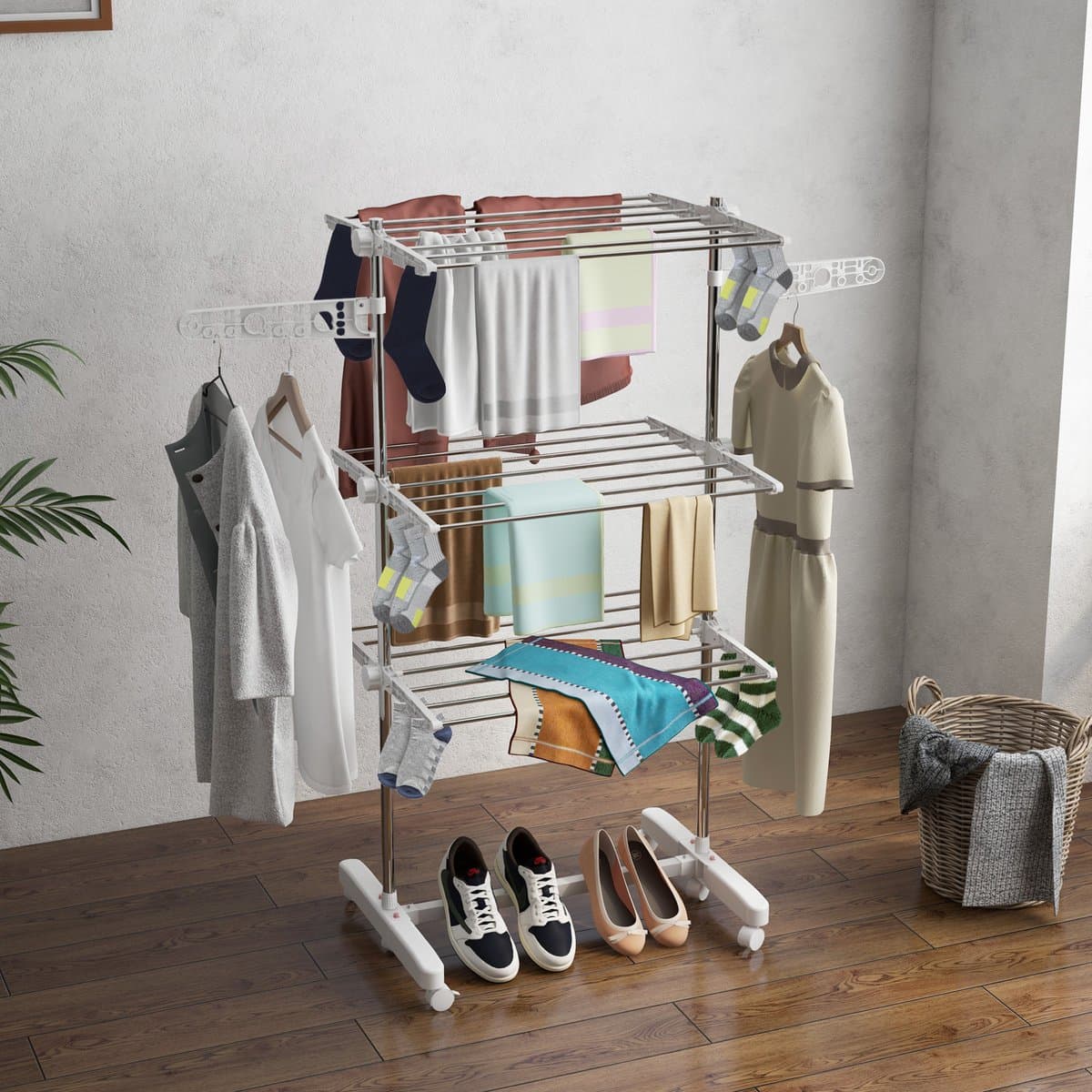 MEUNIQ Droogtoren 142 x 55 x 152 cm met 3 niveaus, inklapbaar droogrek met 6 wielen en verstelbare zijvleugels, vrijstaand wasrek voor binnen en buiten, wit — afbeelding 1