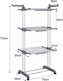 PIPIPOXER- Wasrek Inklapbaar-Droogrek-Staand Droogrek Inklapbaar-Met 3 sokkenclips-Wastoren-Ruimtebesparend Wasrek -75x49x170 CM-Ecologisch Was Drogen- grijs — thumbnail 3
