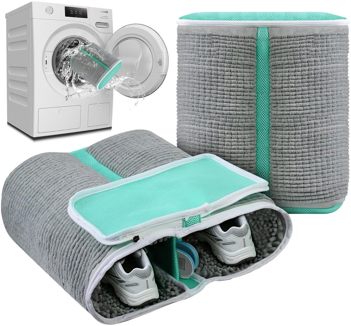 XL, 2-in-1 schoenwaszak, waszak voor schoenen en sneakers met extra reinigingsvak voor zolen, schoenwaszak voor schoenen, wasnet, versterkte ritssluiting, grijs — afbeelding 1