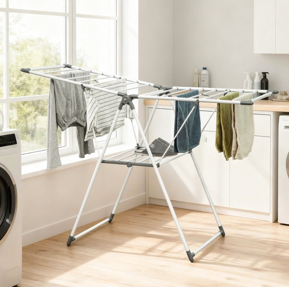 MEUNIQ Droogrek staand opvouwbaar 156,5 x 61,5 x 97 cm met 2 niveaus en verstelbare vleugels, metalen wasrek voor wasruimte of woning, wit — afbeelding 1