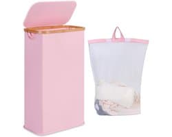 iEGrow Wasmand van 60 l met deksel, smalle wasmand met afneembare en wasbare binnenzak, opvouwbare wasmand voor slaapkamer, wasruimte en badkamer (roze)