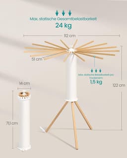 SONGMICS LLR530YW01 Opvouwbaar wasrek, draagbare vloerdroger, ruimtebesparend, draaibaar, uitschuifbaar, voor wasruimte, balkon, 16 houten armen, natuurlijke kleur — thumbnail 4