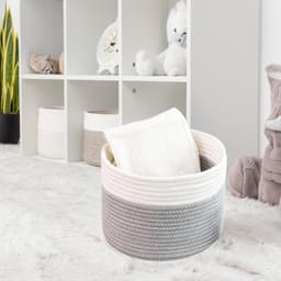 Wasmand van geweven katoen, mand van katoenen touw met handgrepen, stapelbare opbergmand, wasmand voor kleding, speelgoed, wasgoed, woonkamer, slaapkamer (grijs en wit) — thumbnail 4