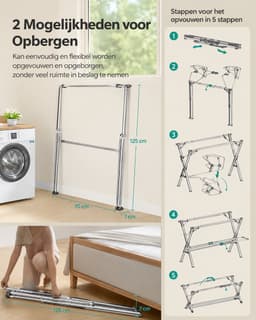 NAVOBIZ Inklapbaar droogrek - Wasrek - Kleding droogrek - Uitschuifbaar - 50 kg draagvermogen - Stabiele X-constructie - Zilver — thumbnail 4