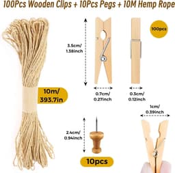 100 Stuks Houten Knijpers 3,5cm, Mini Wasknijpers DIY Geldcadeaus Deko voor Foto's, Kleine Houten Klemmen met 10 Spijkers en 10m Jute Touw voor Fotowand Verpakking Gastcadeau (3,5×0,7cm) — thumbnail 5