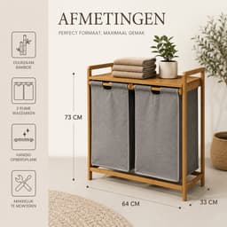 Luxe Wasmand Tao – Bamboe met 2 Waszakken – 64 x 33 x 73 cm – Dubbele Wasmand met Legplank — thumbnail 2
