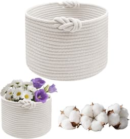 SnelShoppen - Kleine gebreide opbergmand, ronde wasmand van katoen voor het organiseren van kleding, badkamer, speelgoed, d 24 × h 18 cm (wit) — thumbnail 1