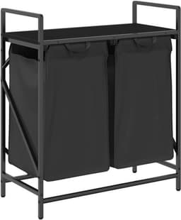 Wasmand – Laundry Basket – Wasbox – Wascontainer – Wasrek – 2 Compartimenten – Stevig Stalen Frame met Houtlook Opbergrek — thumbnail 1