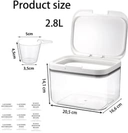 Houder voor waspoeder, dispenser voor wasmiddel, 2,8 l | Inclusief etiket, afwasmiddel dispenser en deksel, geschikt voor wasmiddelcapsules, wasmiddel en meel, transparant wit — thumbnail 3