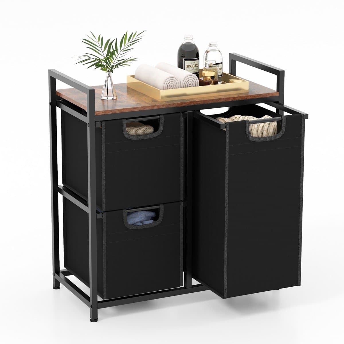 SureDeal® - Wasmand met 3 Vak - 75 L - Metalen Frame - 3 Afneembare Waszakken - 65 -5x33x72 cm - Zwart/Rustiek Bruin — afbeelding 1