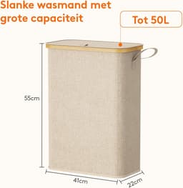 Wasmand met Deksel 50 Liter - Smalle Kledingmand met Uitneembare Waszak - Bamboe Frame - Opvouwbare Wasmand met Handgrepen - Beig — thumbnail 3