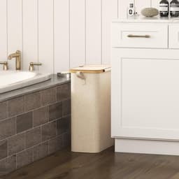 Wasmand met Deksel 50 Liter - Smalle Kledingmand met Uitneembare Waszak - Bamboe Frame - Opvouwbare Wasmand met Handgrepen - Beig — thumbnail 1