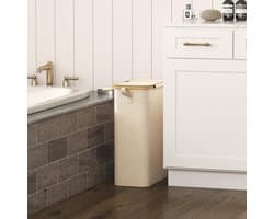 Wasmand met Deksel 50 Liter - Smalle Kledingmand met Uitneembare Waszak - Bamboe Frame - Opvouwbare Wasmand met Handgrepen - Beig