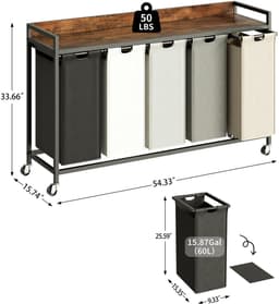 SnelShoppen - Herture Wasmand met Plank, 5 Secties, Wassorteerder met 5 Uittrekbare Zakken, 5 x 60 Liter, Rustiek Bruin, Metalen Frame, Beweegbare Wie — thumbnail 3