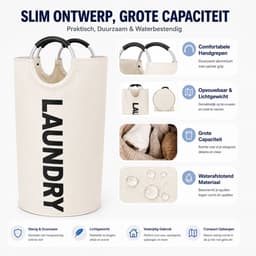 BOTC Wasmand - Waszak - Laundry basket - Wassorteerder - 38x63 cm - waszak vouwbaar - draagbaar wasbox - Gebroken wit — thumbnail 4