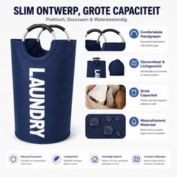 BOTC Wasmand - Waszak - Laundry basket - Wassorteerder - 38x63 cm - waszak vouwbaar - draagbaar wasbox - Donkerblauw — thumbnail 5