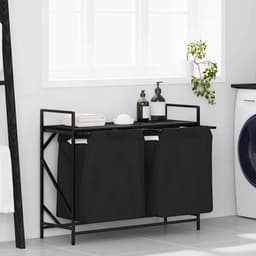Wasmand – Laundry Basket – Wasbox – Wasopberger – Waszakken – Met Twee Compartimenten – Bovenste Opbergrek – Zwart Stalen Frame – Eiken Houtlook — thumbnail 2