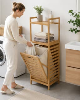 Bamboe Wasmand met Bovenrek en Uitneembare Waszak – 25L - 30 x 40 x 95 cm — thumbnail 2