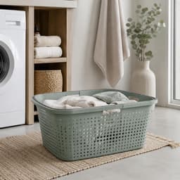 Wasmand met hengsel - 38 liter - 60 cm - groen/wit - Draagwasmanden - Wasgoedmand - Mand met handvatten — thumbnail 4