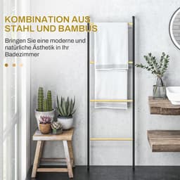 MEUNIQ handdoekladder droogrek 49 x 5,5 x 167,5 cm met 4 stangen, leunend wanddroogrek voor badkamer, slaapkamer of woonkamer, staal en bamboe, zwart — thumbnail 4