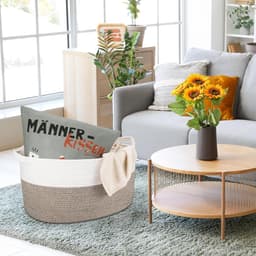 Thijox - Extra grote opbergmand van duurzaam geweven katoenen touw voor wasgoed, woonkamer, slaapkamer, speelgoed, schoenen, handdoeken, wit en kaki, — thumbnail 2
