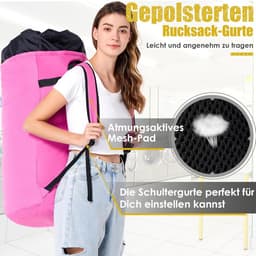 SnelShoppen - Waszak voor op reis, XXL 115 liter, opvouwbare opbergzak met 2 gevoerde schouderbanden, kledingtas, plunjezak, rugzak, roze voor vakanti — thumbnail 2