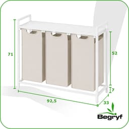 Begryf - Wasmand - metaal/stof- wit/beige - 3 vakken - 92,5 x 33 x 71 cm - 114l — thumbnail 2